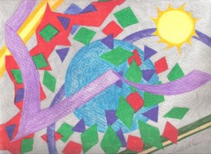 "Shattered", artwork in colored pencil on paper, copyright Linda Rex, 2002